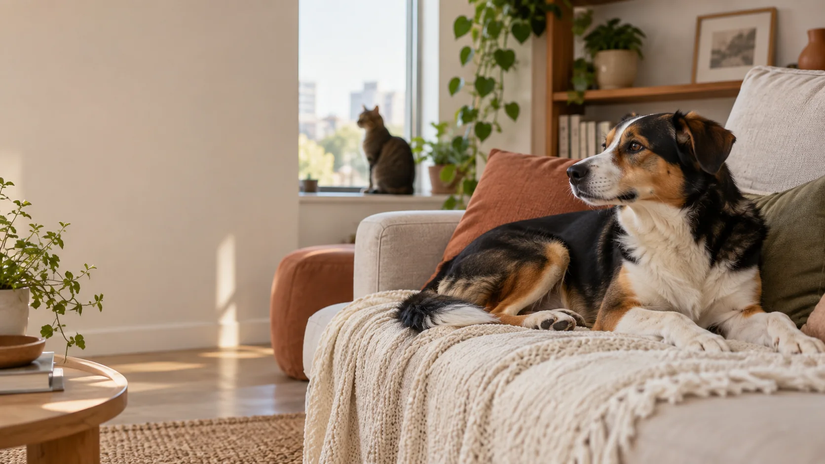 Cão mestiço tricolor descansando no sofá enquanto um gato observa a janela